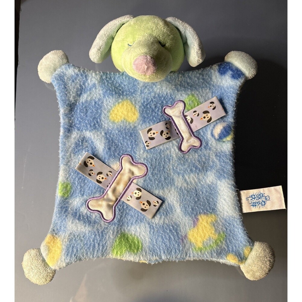 Vintage Mary Meyer Taggies Puppy Dog Fleece Lovey Blanket 8” Blue Green